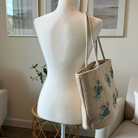 NWT Viral Tik Tok Beaded Sea Turtle Canvas Summer Beach Tote Bag Handcrafted - Picture 5 of 16